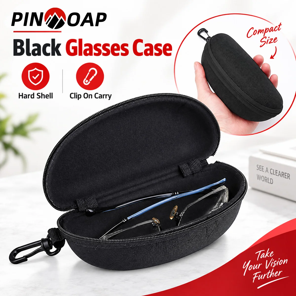 PINMOAP Black Glasses Case Hard Shell Eyeglass Case Protective Sunglasses Holder Box Portable Organizer For Men Women Travel