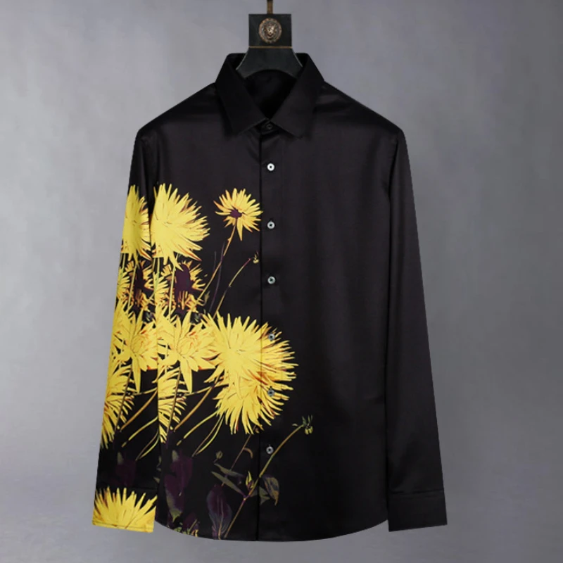 Chrysanthemum Printed Shirt Men Long Sleeve Slim Fit Casual Shirts Luxury Silk Business Social Stage Performance Star Shirts