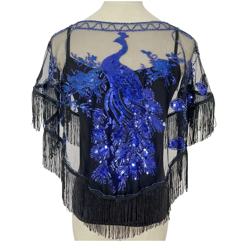 Chinese Spring Summer Women's Sequins Shawl Top New Mesh Cloak Girl Sunscreen Fashion Lace Ponchos Capes