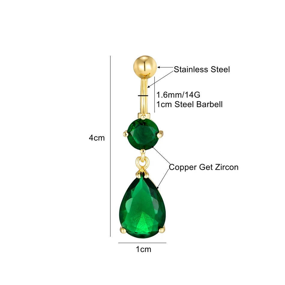 Elegant Green Water Drop Zircon Belly Button Ring Luxury Women Body Jewelry 14G Surgical Steel Navel Piercing Bar Sexy Accessory