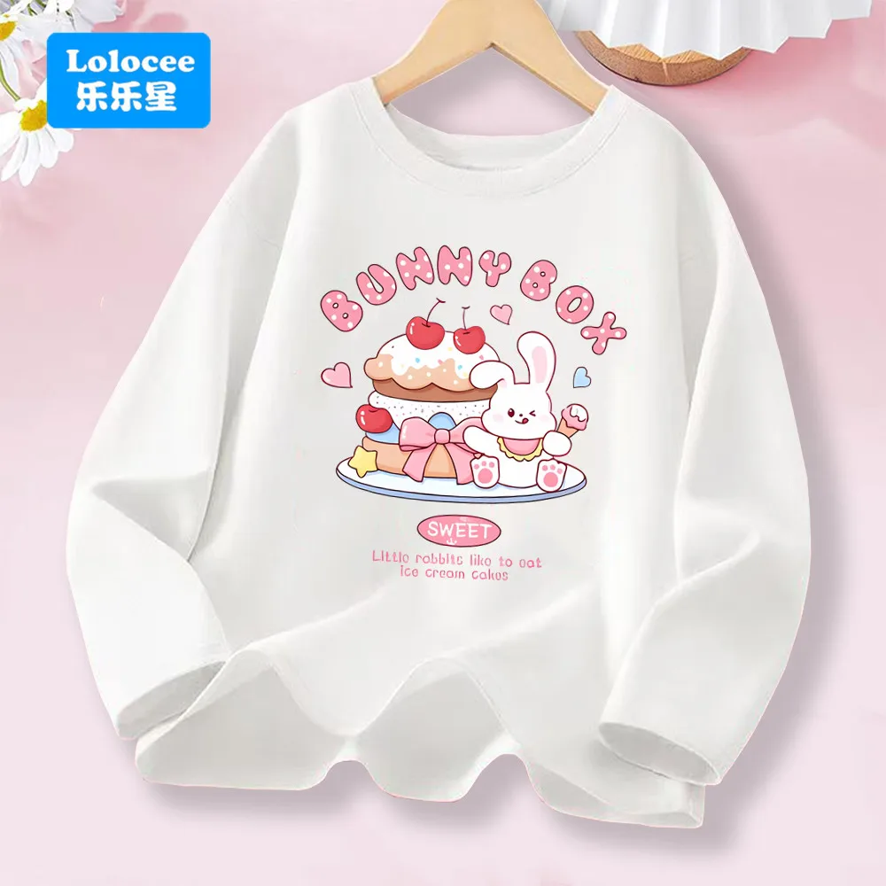 

Детская футболка с длинными рукавами Kawaii Rabbit & Dessert Cake, милый принт кролика, повседневный повседневный топ для девочек, мягкая хлопковая детская одежда