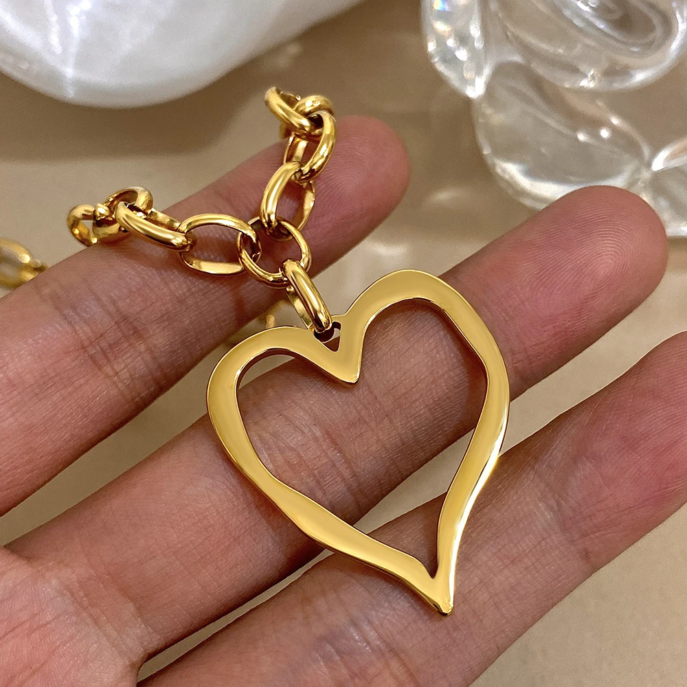 316L Edelstahl Gold Silber Farbe Halskette für Frauen Glänzend Punk Große Hohle Herz Anhänger Halsketten Valentinstag Geschenke – Detail 15