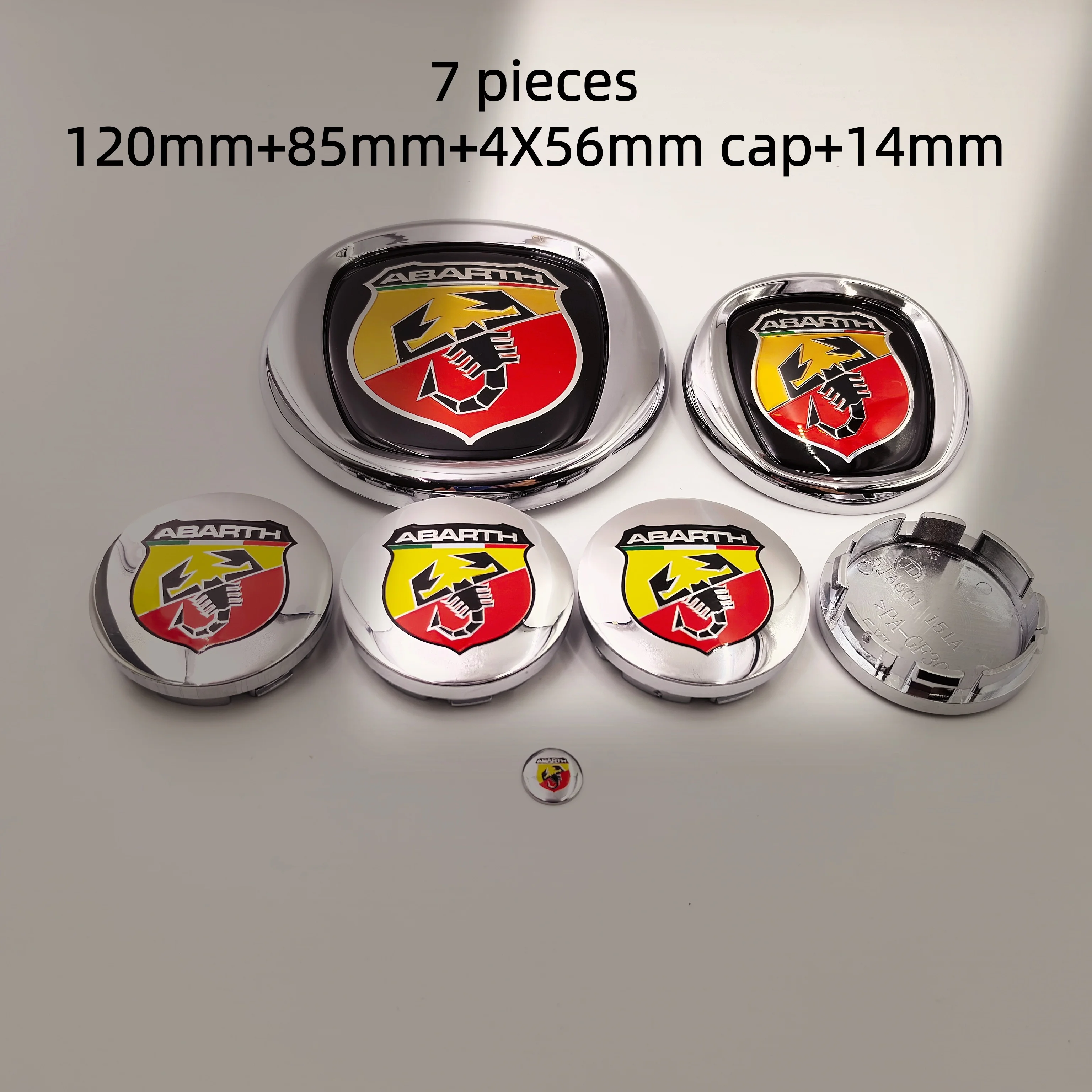 7pcs Abarth Car Emblem Stickers 85/95/100/120mm Front Hood Rear Trunk Badge Wheel Hub Cap 56/60mm Universal Automotive Decals
