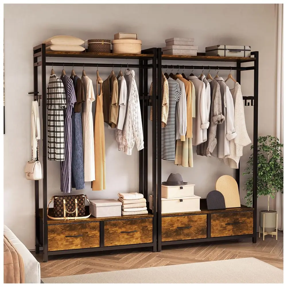Perchero para Ropa, Armarios Armables para Ropa, Armarios de Madera para Ropa, Rack de Acero y Madera de Alta Resistencia para Ropa, Armario