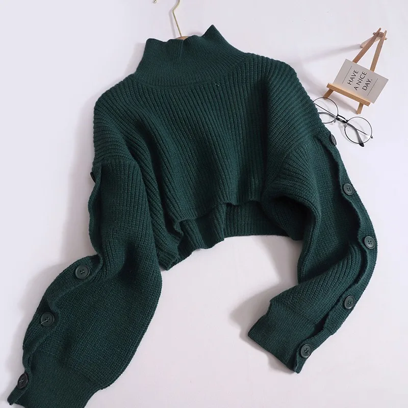 YuooMuoo Chic Fashion Cropped Sweater Tops Women Buttons Long Sleeve Ribbed Knitted Sweaters Warm Turtleneck Pullover Shawls