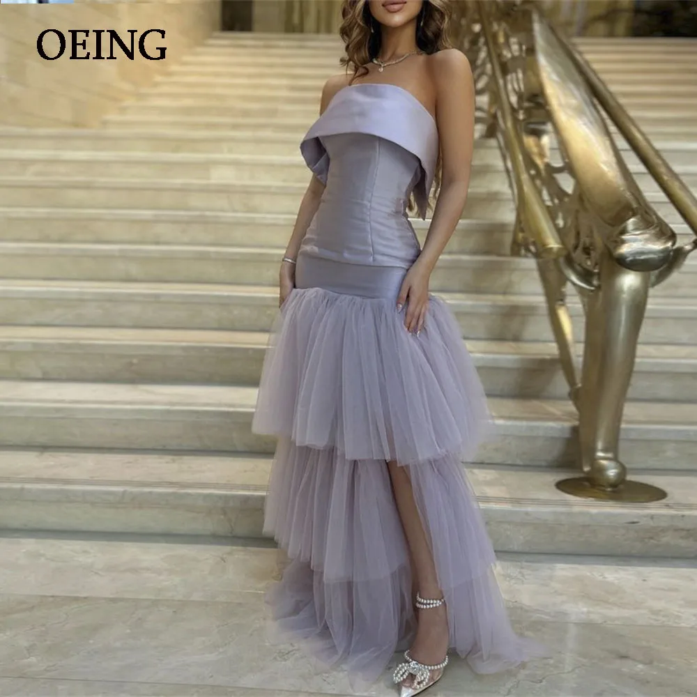 OEING Grey Strapeless Prom Dresses Tiered Mermaid Pleated Evening Dress Floor Length Formal Occasion Gown Vestidos De Noche