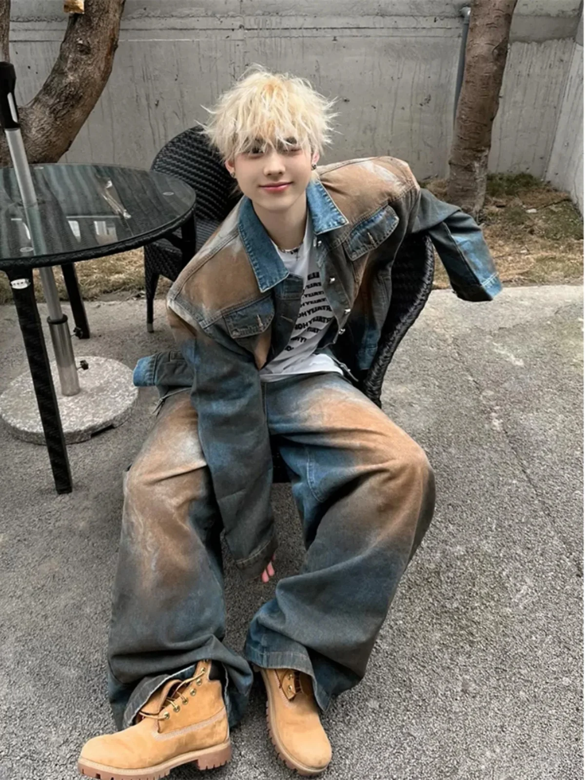 

Retro Worn-Out Denim Jaet Set for Men Spring Autumn American Sle Western Clothing Jeans Loose Straight Cut No Stretch