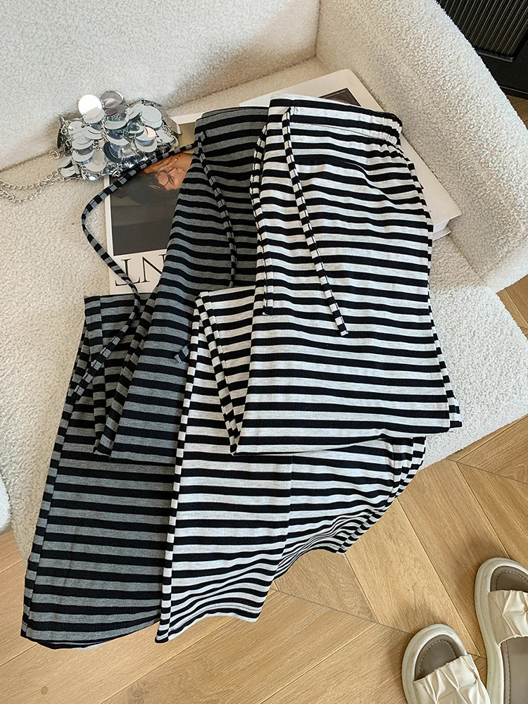 Vintage Casual Pants Women Summer Loose High Waist Striped Wide Leg Trouser Female Patchwork Lace Up All Match Straight Pants