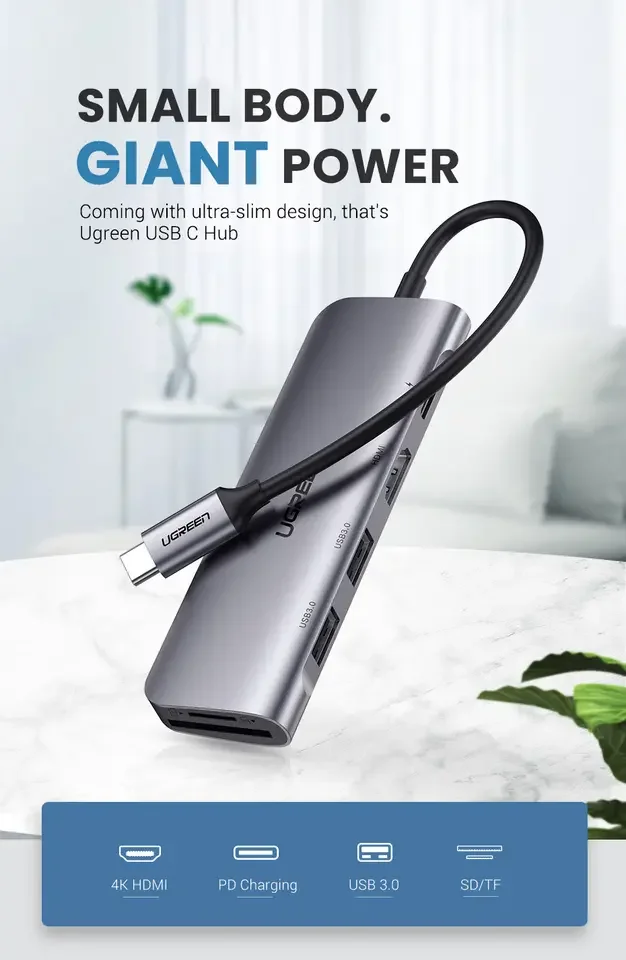 UGREEN USB C Hub 5 in 1 Multiport Adapter 4K-HDMI, 100W Power Delivery, 3 USB 3.0 Data Ports, 5Gbps Transfer Speed