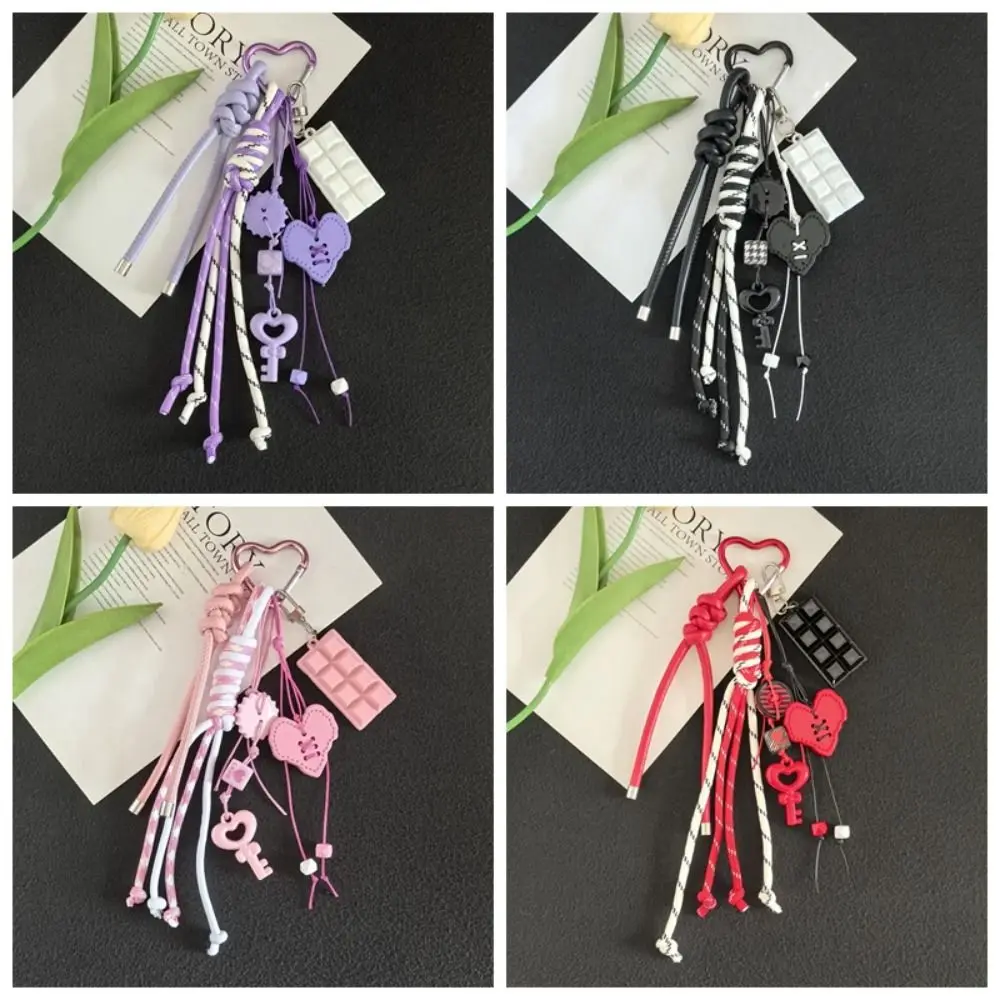 قفل الكرتون فتاة القلب المفاتيح المنسوجة يدويا مكافحة خسر على شكل قلب حقيبة قلادة Y2k حقيبة الديكور حبل مضفر مفتاح سلسلة