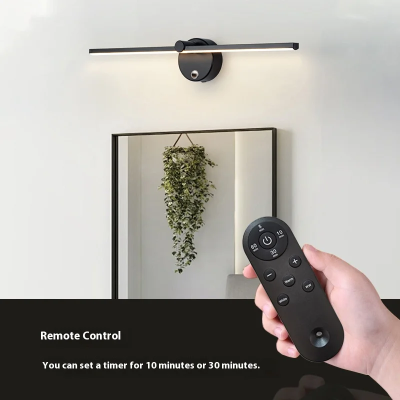 LED Remote Control Wall Light 330 ° Rotating Battery Powered Tri Color Dimming Indoor Bedside Living Room Mirror Front Lighting