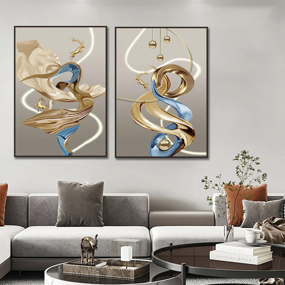 

Modern Abstract Golden Deer Canvas Painting Nordic Luxury Ribbon Poster Print Wall Art Pictures for Living Room Home Decoration