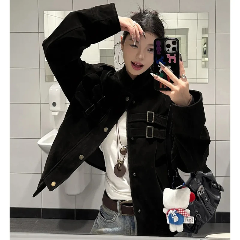 

American Vintage Faux Suede Jacket Women Street Stand Collar Single Breasted Coat Long Sleeve Loose Casual Lazy Classic Top