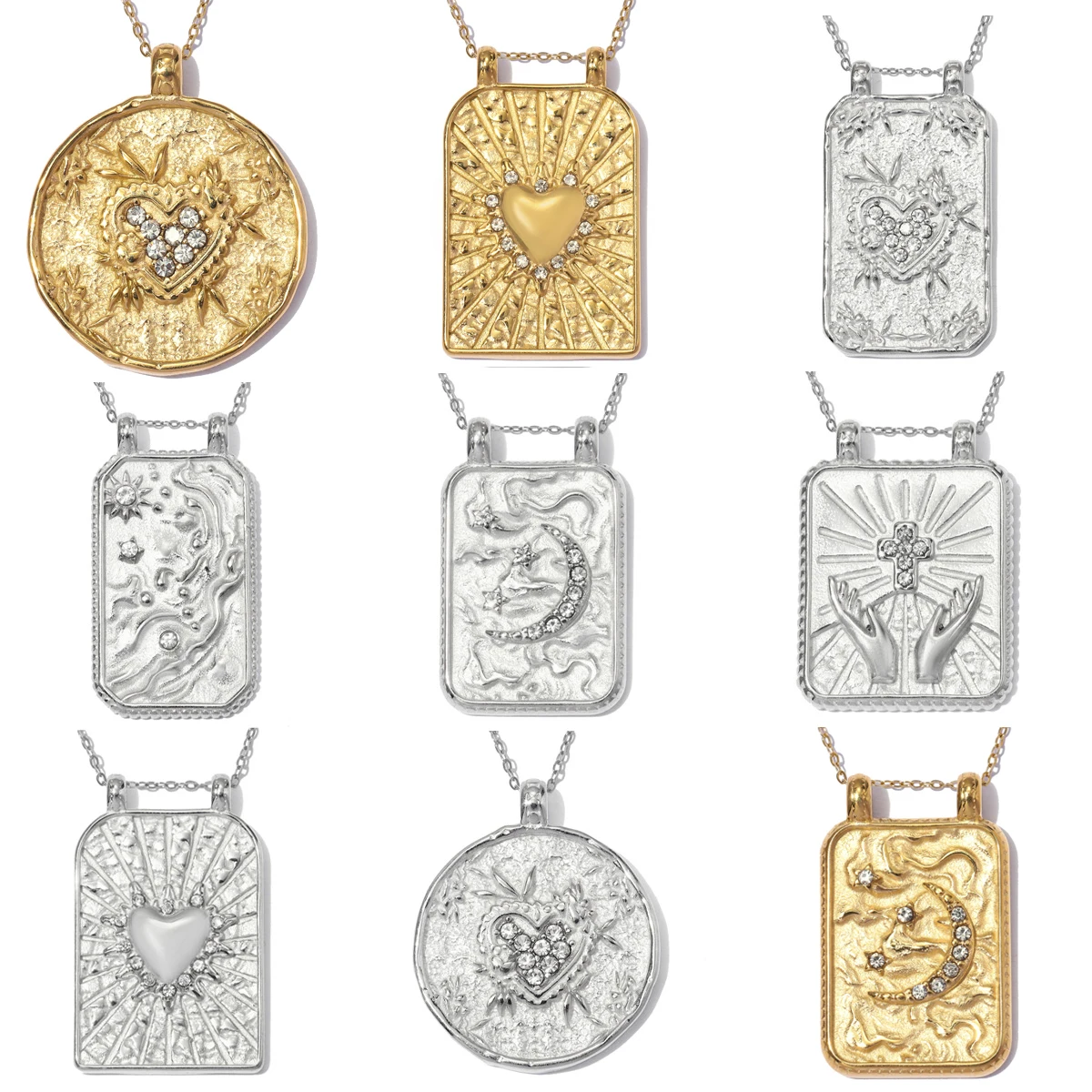 Lot de 3 pendentifs rectangulaires en acier inoxydable, étoiles, lunes, cœurs, breloques en strass pour la fabrication de bijoux DIY pour femmes, vente en gros