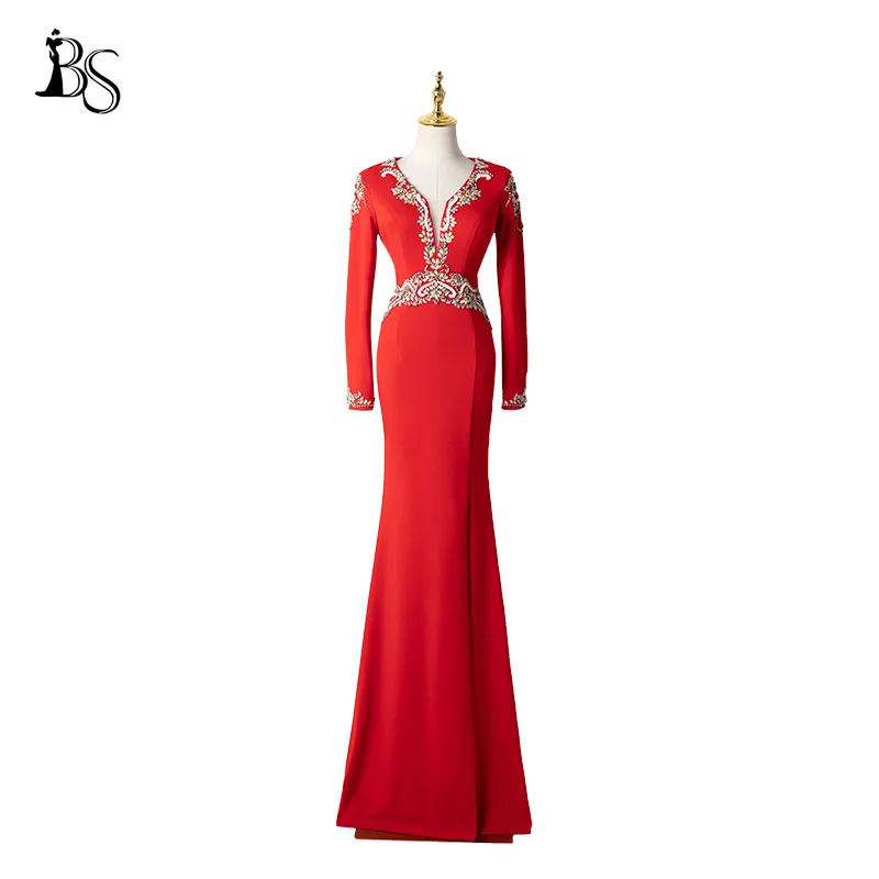 

Baisha Socialite Dress Custom Red Split Evening Dress Beaded Deep V Neck Long Sleeve For Gala Prom Formal Occasions H452
