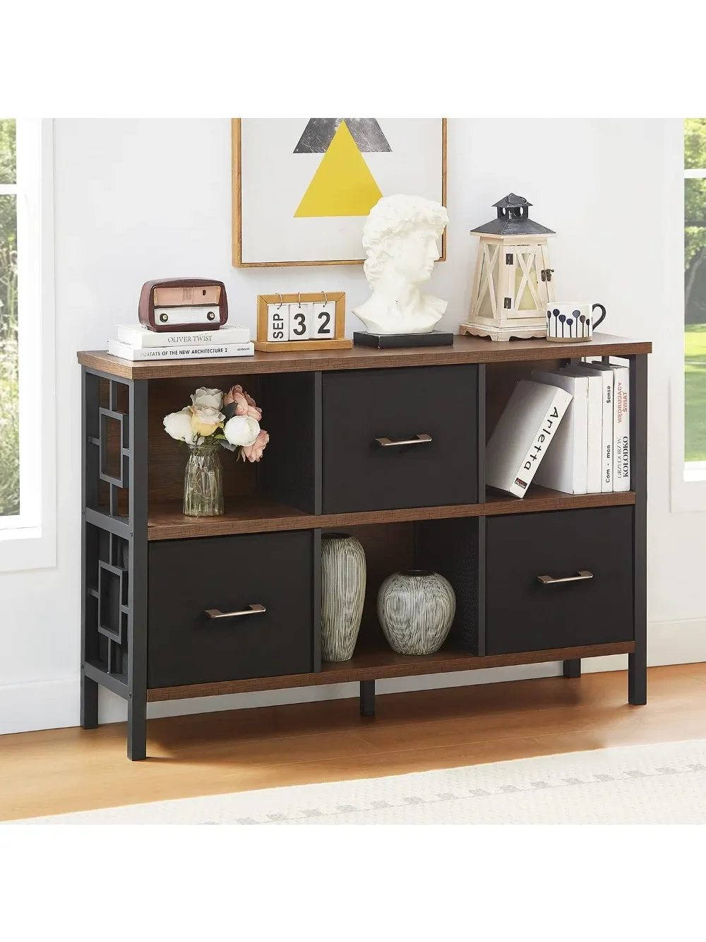 

6 Cube Storage Organizer Shelf, Rustic Short Bookshelf with 3 Cube Storage Bin, Industrial Horizontal Bookshelf with Metal Frame