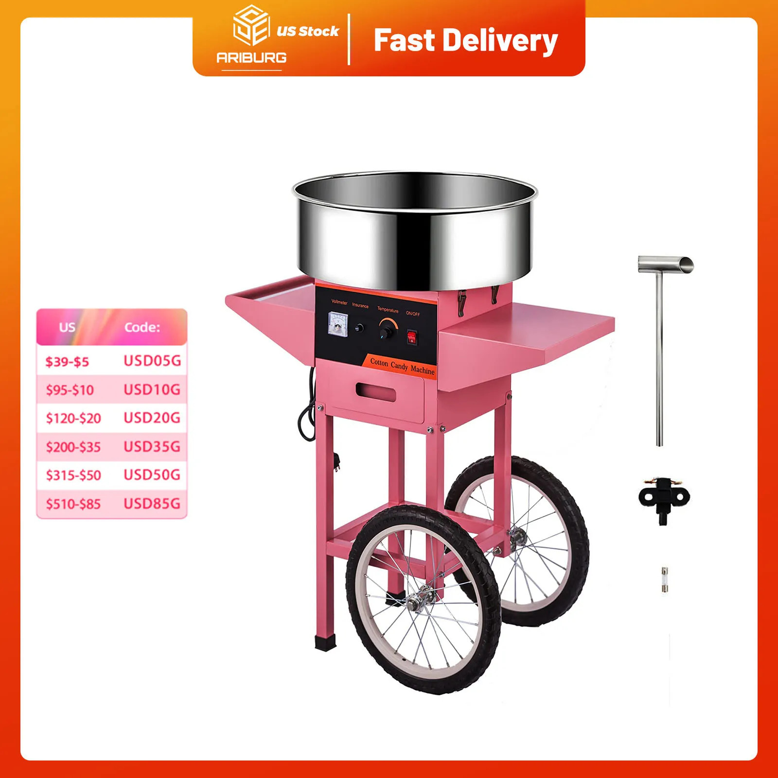 - 110V Commercial Cotton Candy Machine w/Cart Wheels Electric Cotton Candy Floss Maker the Party Favor for Birthdays School