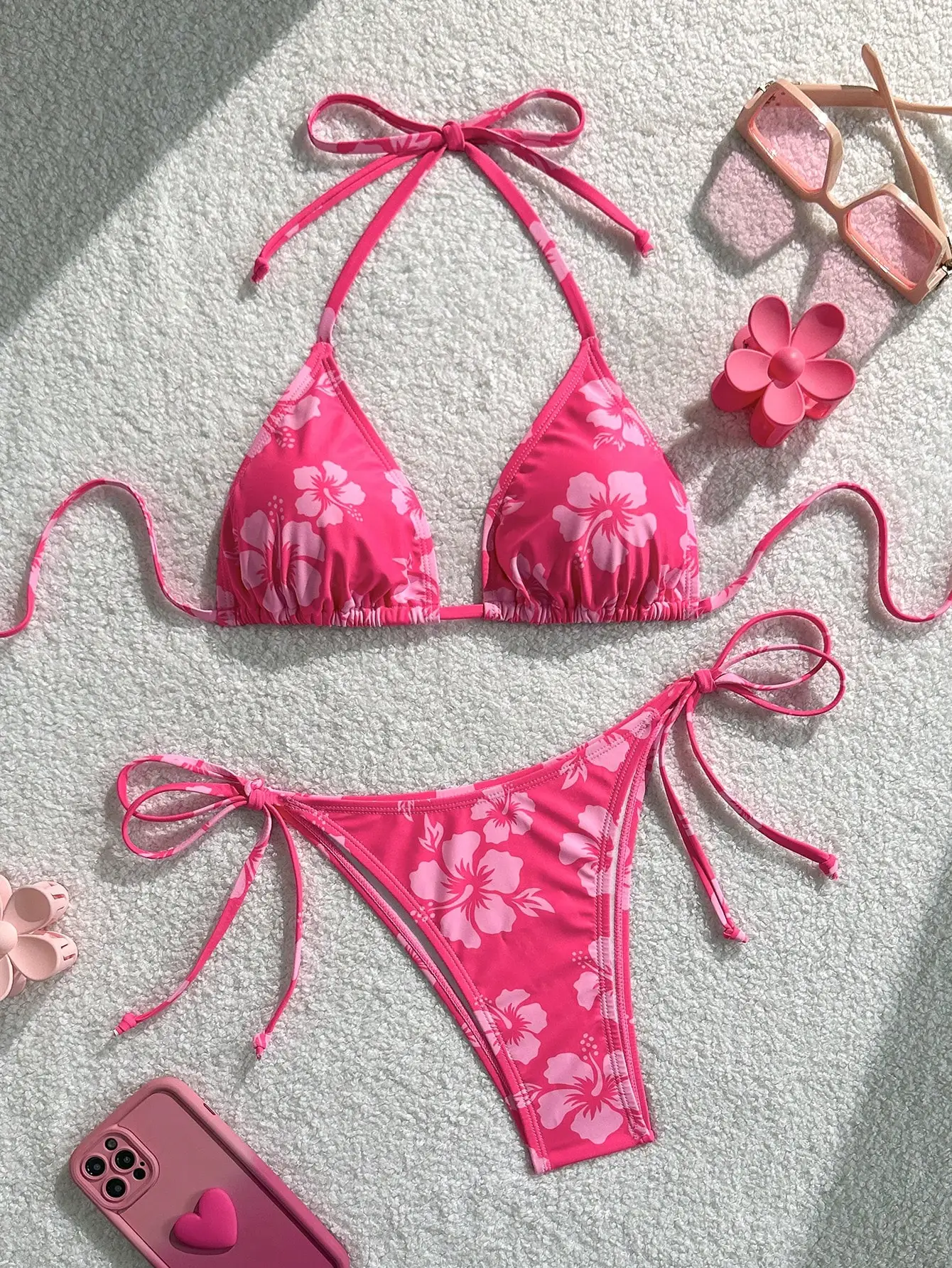 

Pink Floral Print Halter Tie Bikini Set with Adjustable Straps