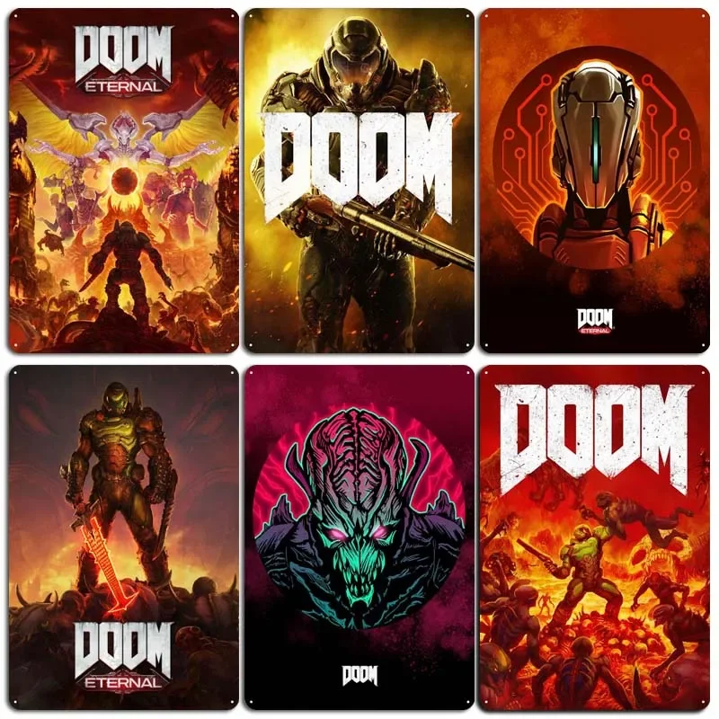 Dooms cartazes decoração para casa acessórios sinais de jogo arte da parede do vintage metal estanho sinal para gamer sala decoração da parede casa