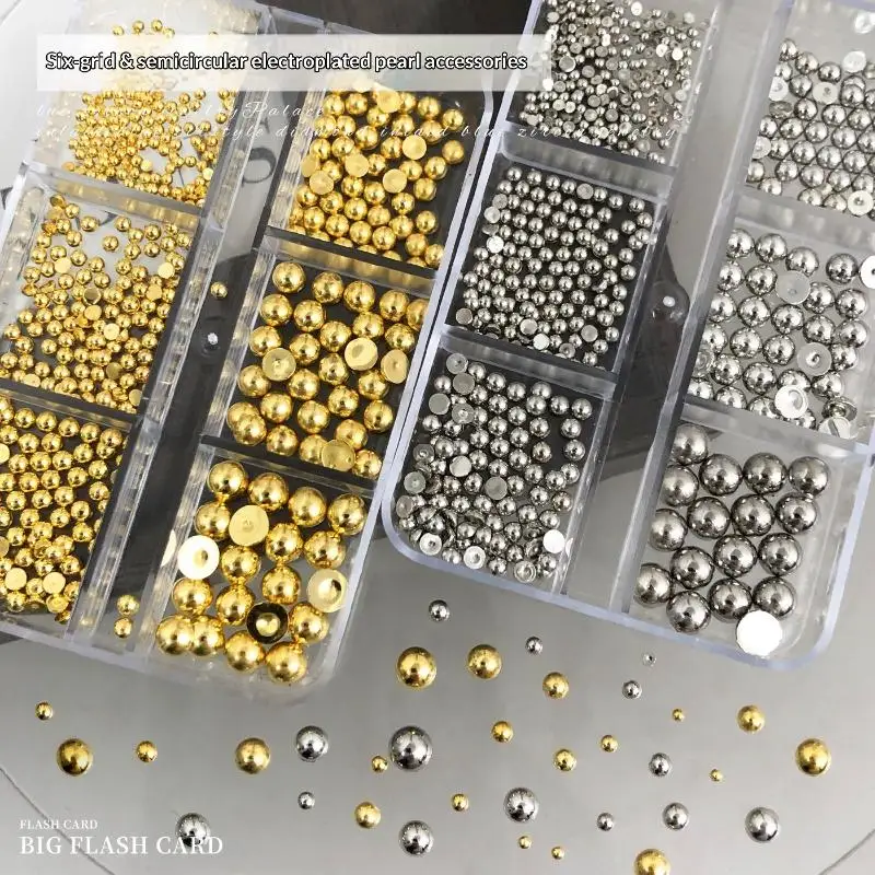 6Grids Nail Charms Mixed Semi-circular Pearl Nail Charms Gold And Silver Manicure Accessories DIY Nail Salon Manicure Decoration