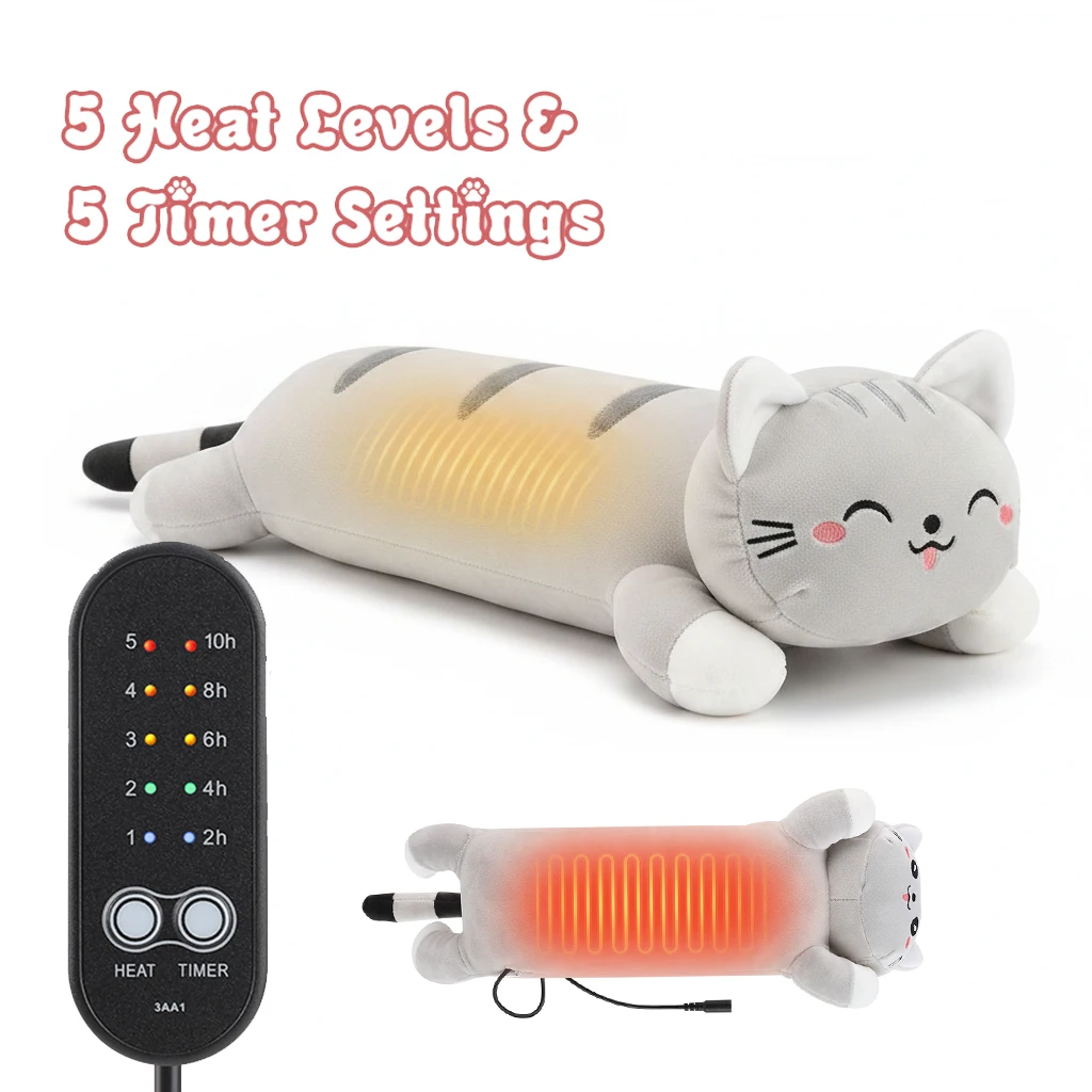 Almofada Térmica de Gato de Pelúcia, Recarregável USB com 5 Níveis de Calor e 5 Temporizadores, Fofa e Quentinha para Abraçar, Presente para Ela, Uso em Casa Escritório e Cama, Aquecedor para Barriga e Mãos