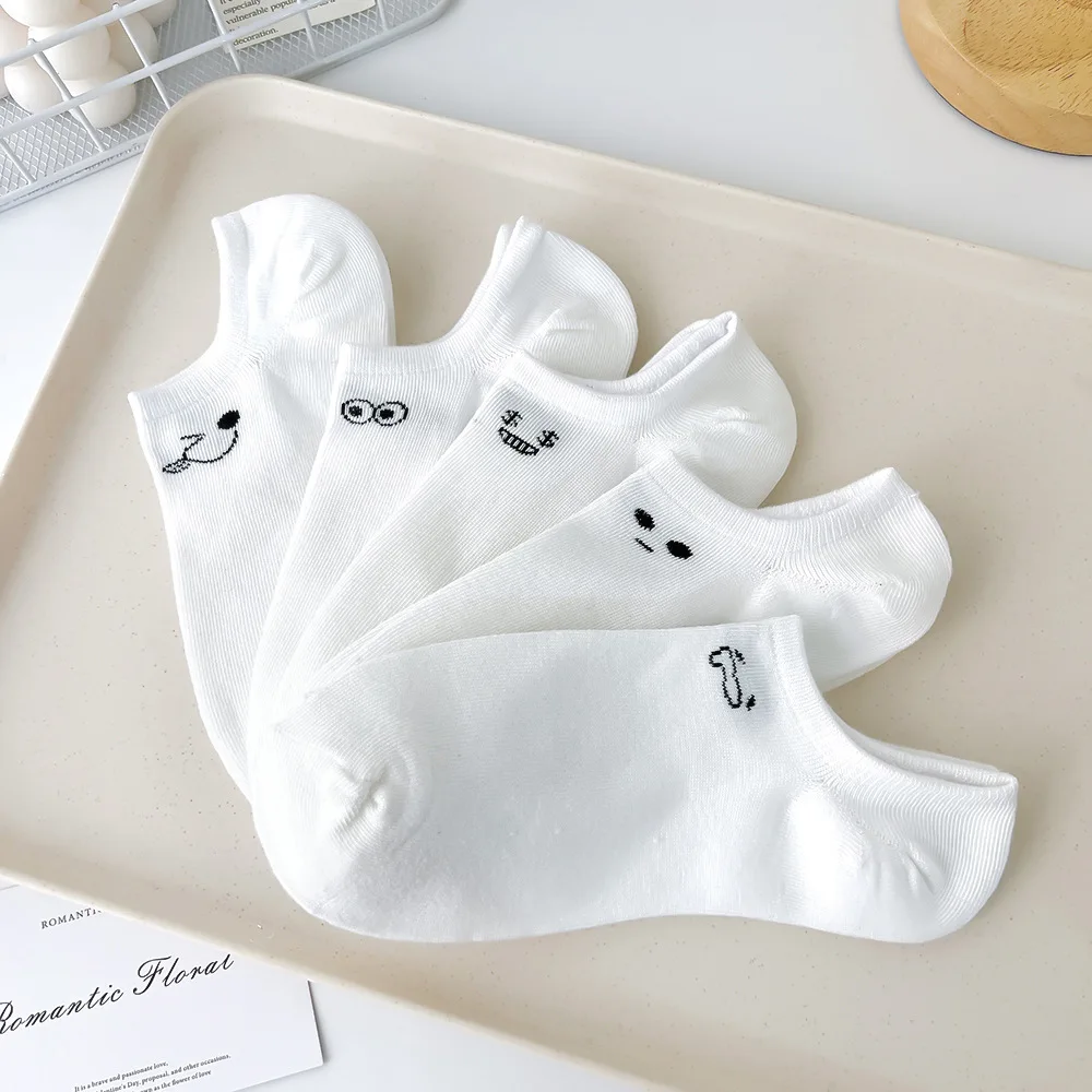 5 Pairs Cute Expression Women Short Socks Fashionable Simple Spring Summer Sweat Absorbing Breathable White Casual Socks