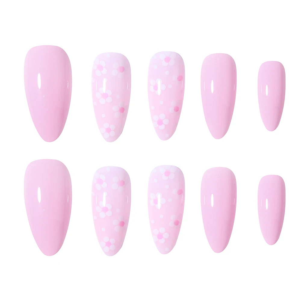 24 قطعة من زهور اللوز للأطفال مع طرف لامع اضغط على الأظافر، مجموعة أظافر صناعية من الأكريليك مناسبة تمامًا، تحتوي على قطعة واحدة من غراء الجيلي و1 قطعة Na