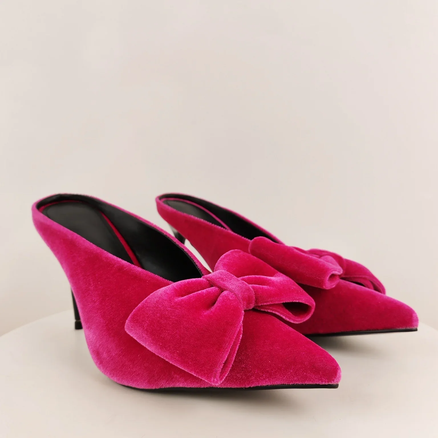 Pink Velvet Butterfly Knot Women Stiletto High Heels Pumps Mules Pointed Toe Backless Slippers Daily Elegant Party Fashion Shoes