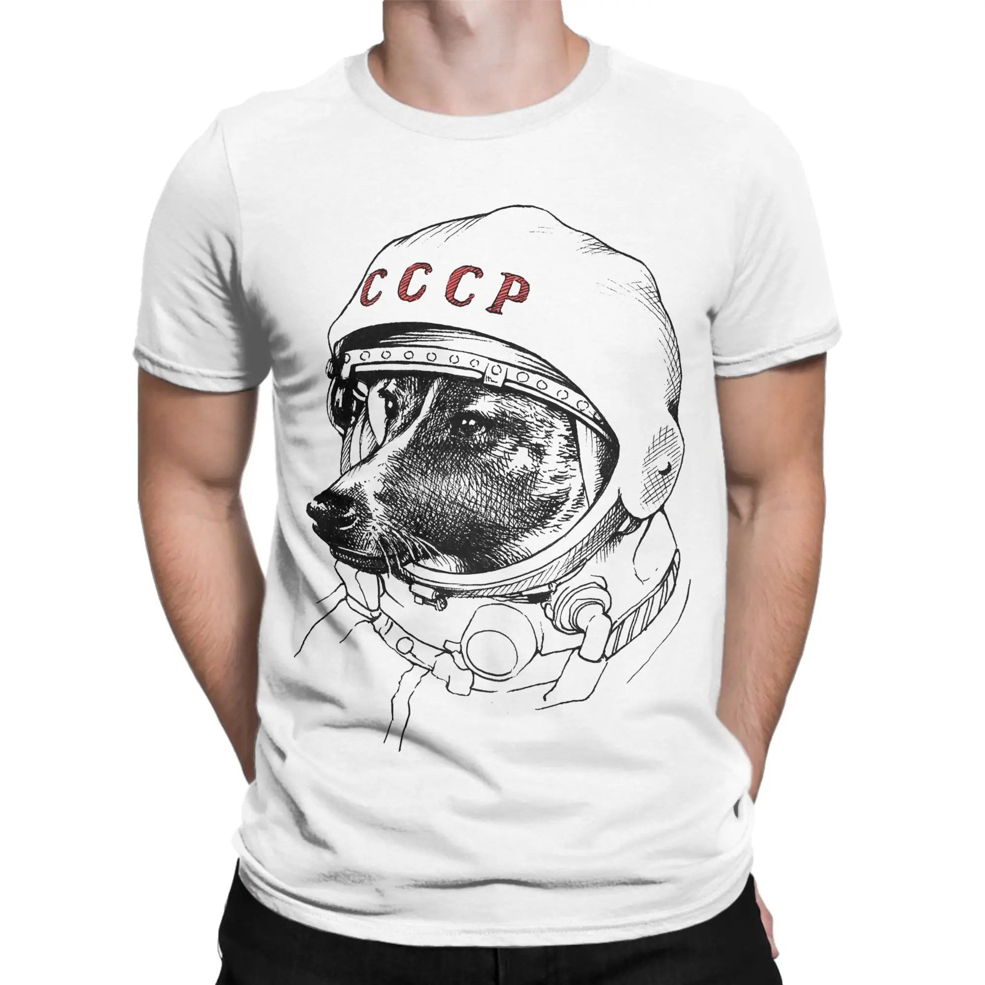CCCP Space Soviet Laika  Men's T Shirt Super Rocket Dog Unique Tee Shirt Short Sleeve Round Neck T-Shirt Pure Cotton Clothes