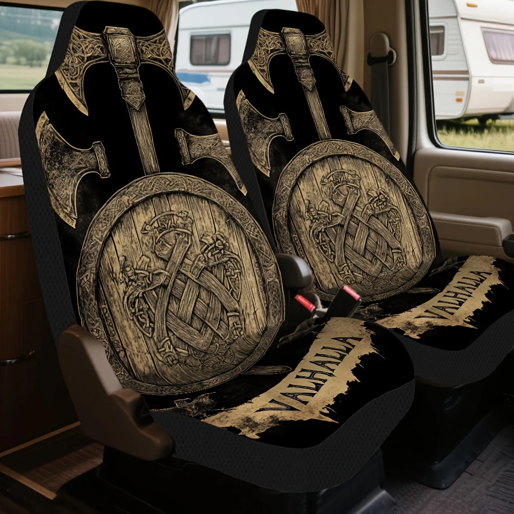 2pcs Car Seat Covers Set, Viking Shield And Axes Print, Elegant Vehicle Seat Covers. Fits Daily Park Visits & Weekend Vineyard