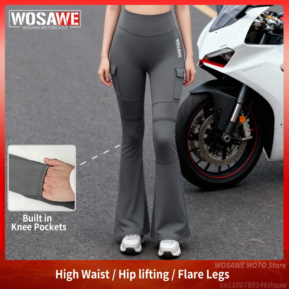 WOSAWE Women Motorcycle Bell Bottom Pants High Waist Hip Lift Pants Motorbike Retro Casual Trousers Streetwear Woman Clothes