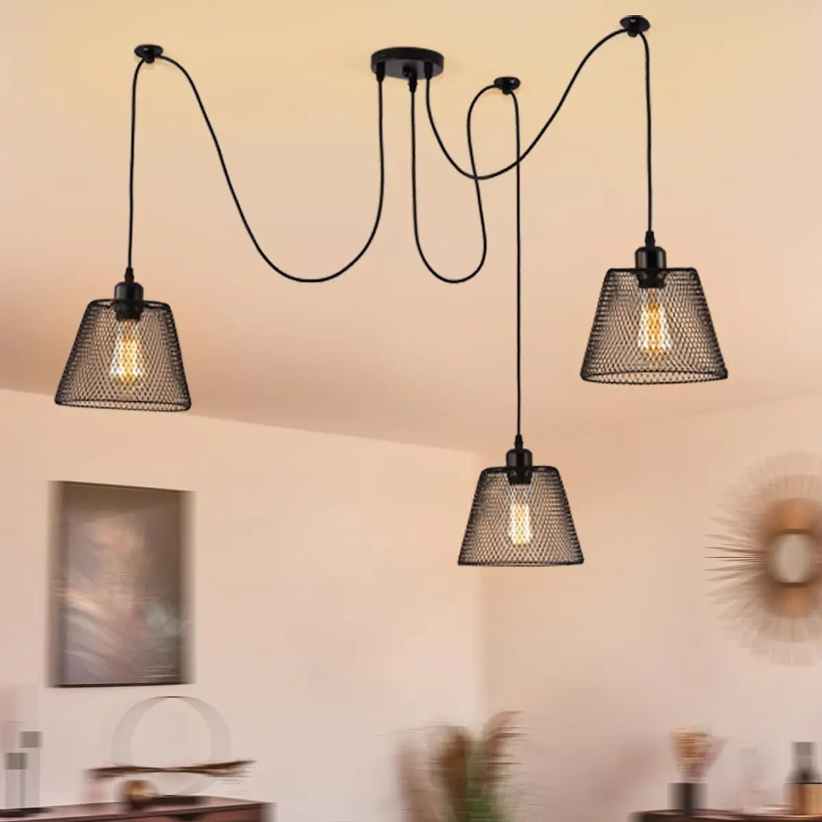 3 Heads Industrial Living Room Pendant Light Fixture Height Adjustable, Black Vintage Dining Room Pendant Lighting