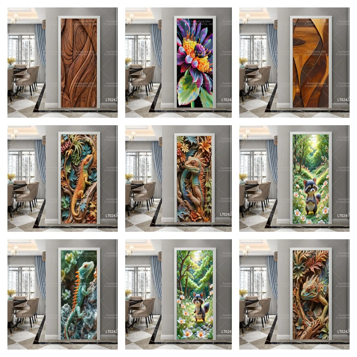 

Wood Grain Forest Door Sticker Colorful Flower with Raccoon Self-Adhesive Wall Decal for Nature Home Door Wrap Stickers