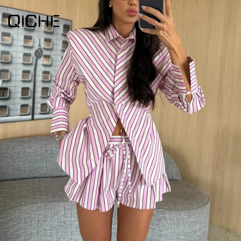 QICHE 2026 Women Striped Two‑Piece Outfit Lapel Long Sleeve Open Shirt Blouse And Shorts Fashion Commuter Matching Set