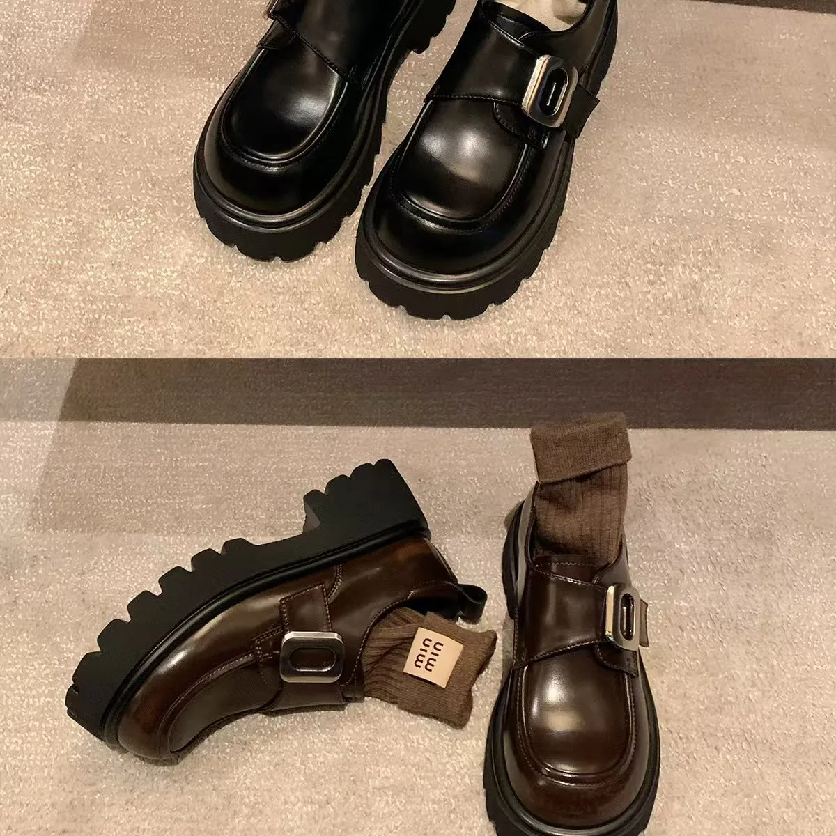 

British Style Loafers for Women New Style Chunky Heel Thick Sole Retro Fashion Petite Mary Jane Leather Shoes