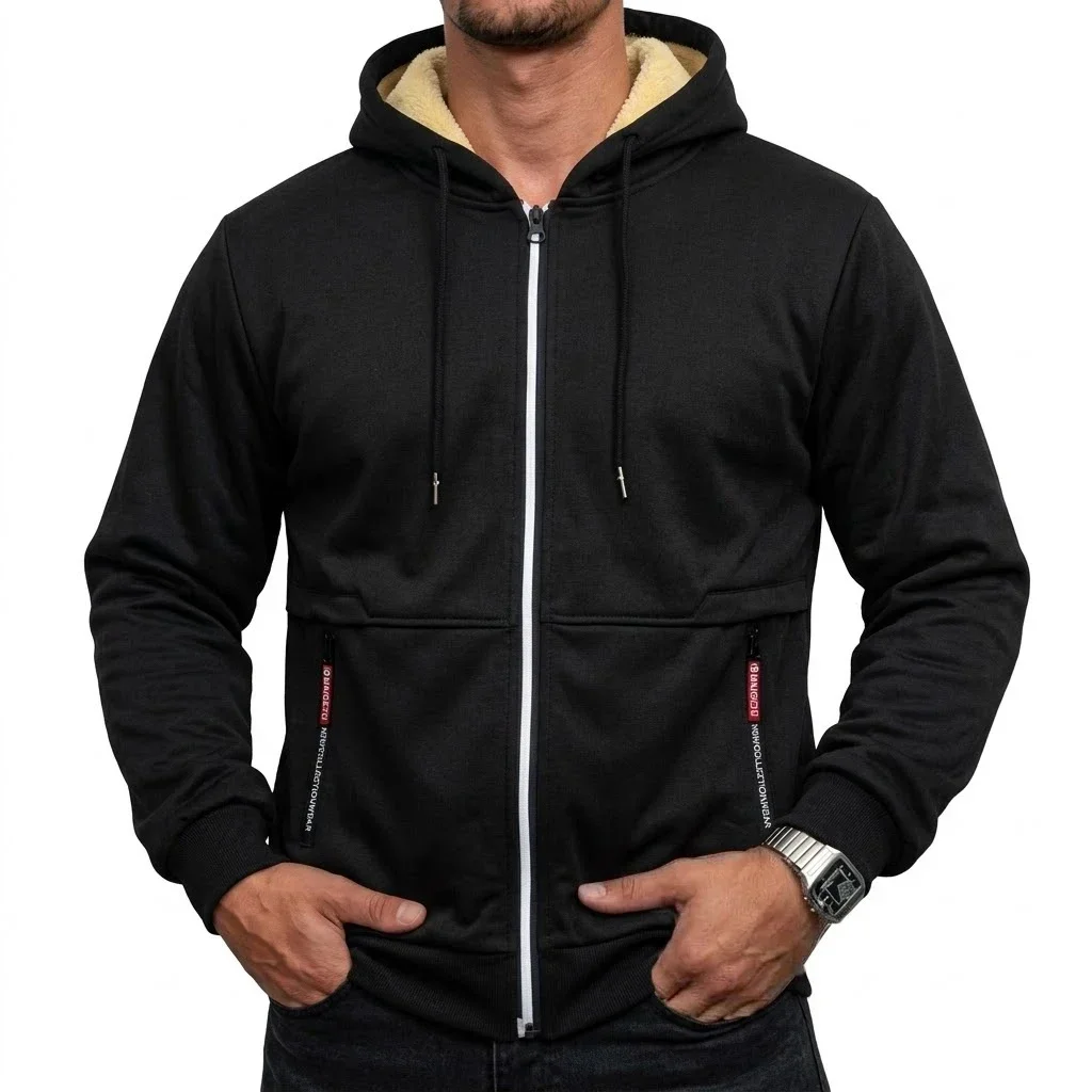 Neue Herren-Hoodie-Jacke mit Reißverschluss und Sherpa-Futter, Warme Dicke Winter-Fleece-Kapuzenjacke, Thermisches Freizeit-Oberbekleidungsstück, Schwergewichtiger Mantel – Detail 3