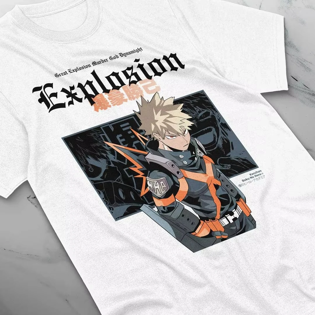2026 My Hero Academia Katsuki Bakugo Explosion T‑shirt, Gothic Text Front Print, Cotton Unisex Tee, Anime Tops for Kids Adults