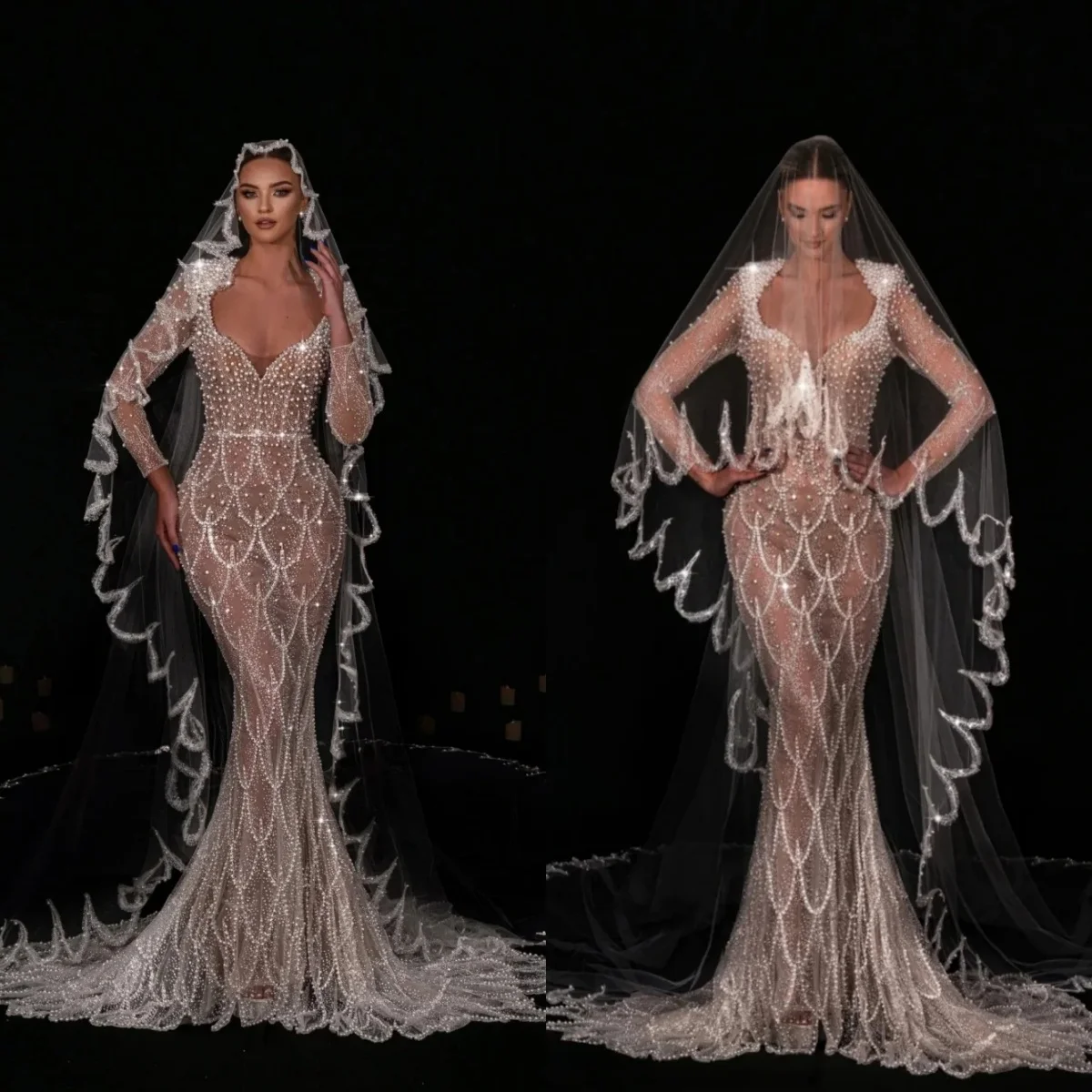 Nowoczesne suknie ślubne z perłami, dekolt okrągły, krój syreny, suknie ślubne z cekinami, zdobione koralikami, iluzoryczne długie rękawy, szyte na miarę Vestidos De Novia