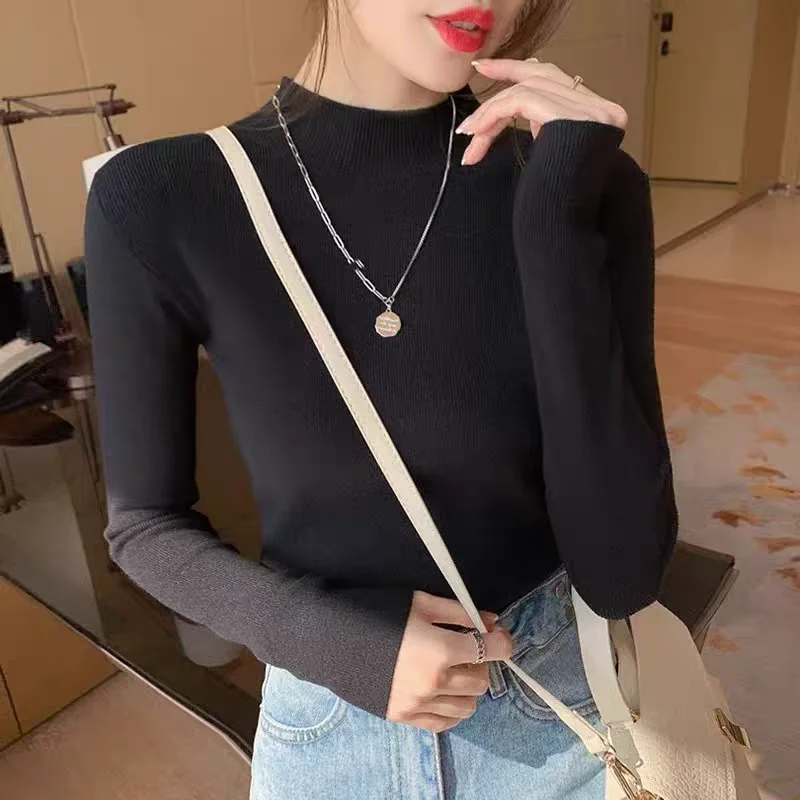 Damskie bluzki z długim rękawem na jesień i zimę, golfy damskie, dzianinowe bluzki, dopasowane, wyszczuplające ubrania dzianinowe.