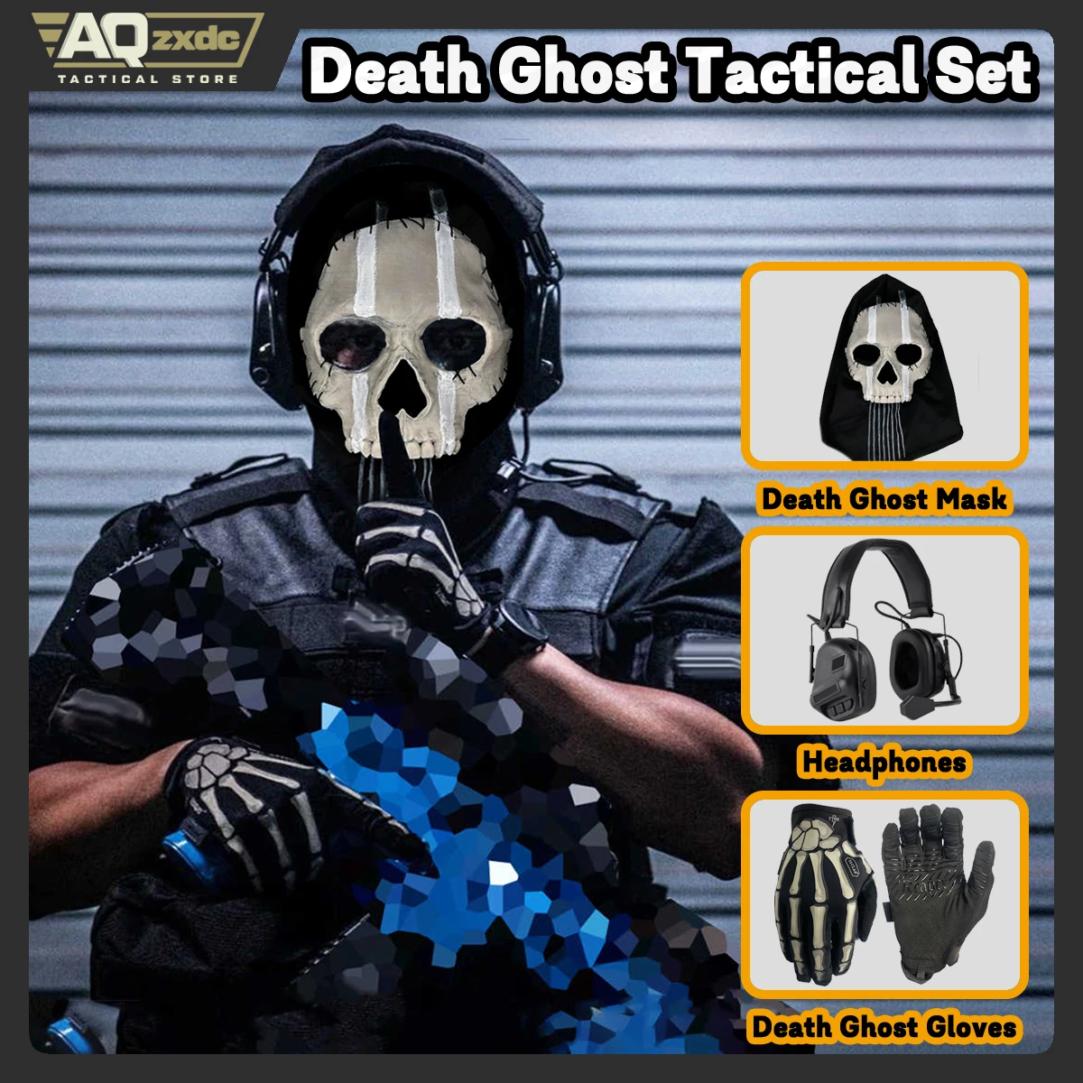 

AQzxdc Cod Ghost Mask V2 Set - Tactical Head Mounted Headset - Ghost Gloves Airsoft COD Cosplay Airsoft Tactical Skull Full Mask