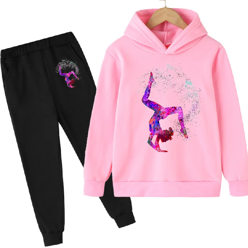 New Watercolor Gymnastics Art Print Cute Sweatshirts Set Girls GYM Lover Birthday Gift Clothes Kids Hooodie Pants + Hoodie Pink