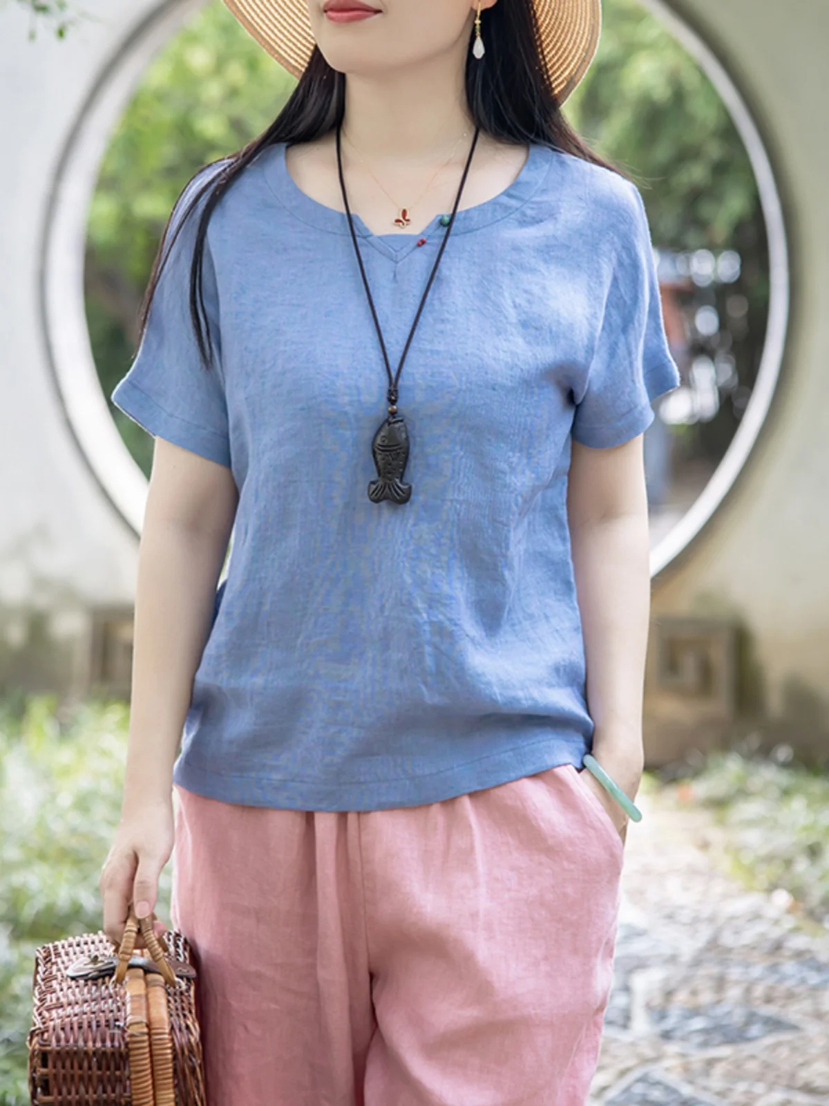 

Летняя женская футболка Nian Jiangnan Design из высококачественного цветного тканого льна, новая повседневная модель с коротким рукавом, художественный топ из хлопка и льна