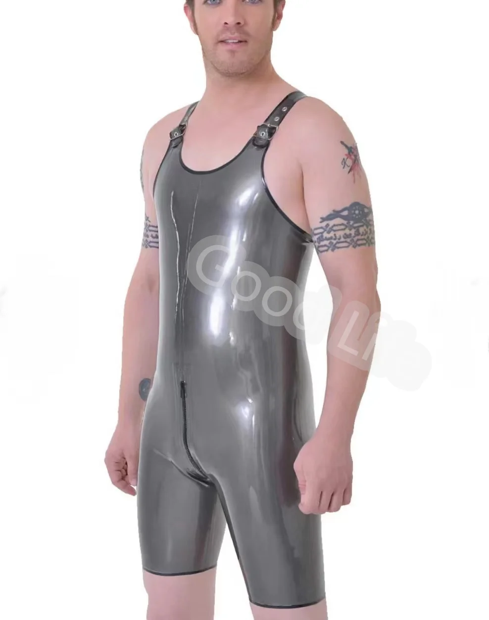 100% Natural Latex Handmade Hot Sexy Silver Men Latex Catsuit Tights Adjustable Shoulder Straps with Crotch Zipper