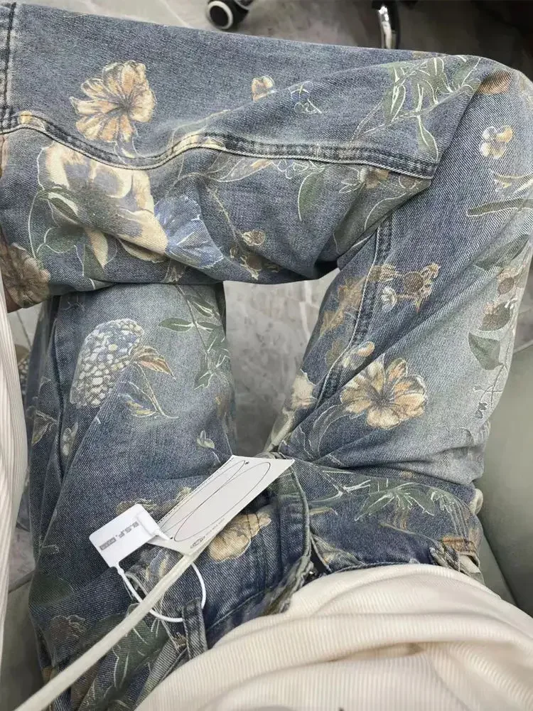 Amerikanischen Stil Neue Chinesische Stil Nationalen Trend Print Design Jeans Frauen Lose Gerade bodenlangen Wischen Lange Hosen