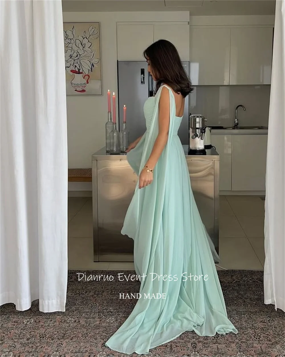 Dianruo vert clair robes De soirée plissées une ligne Dubai robes De Festa moderne en mousseline De soie chérie robes De Gala personnalisé