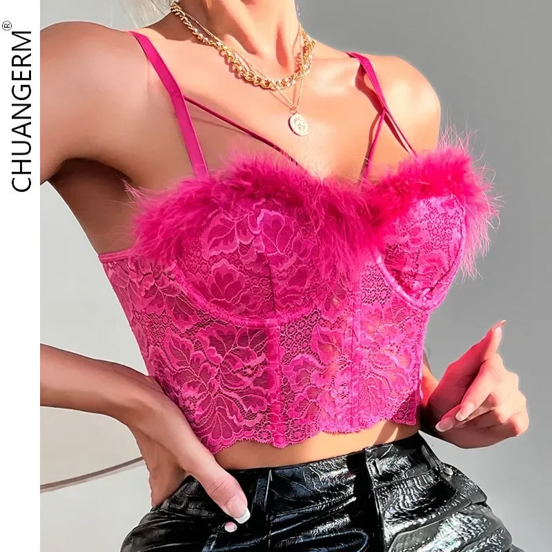 CHUANGERM-corsé Sexy de decoración de plumas para mujer, ahuecada transparente Top corto de malla, bordado de encaje, chaleco de espina de pescado Halter Delgado