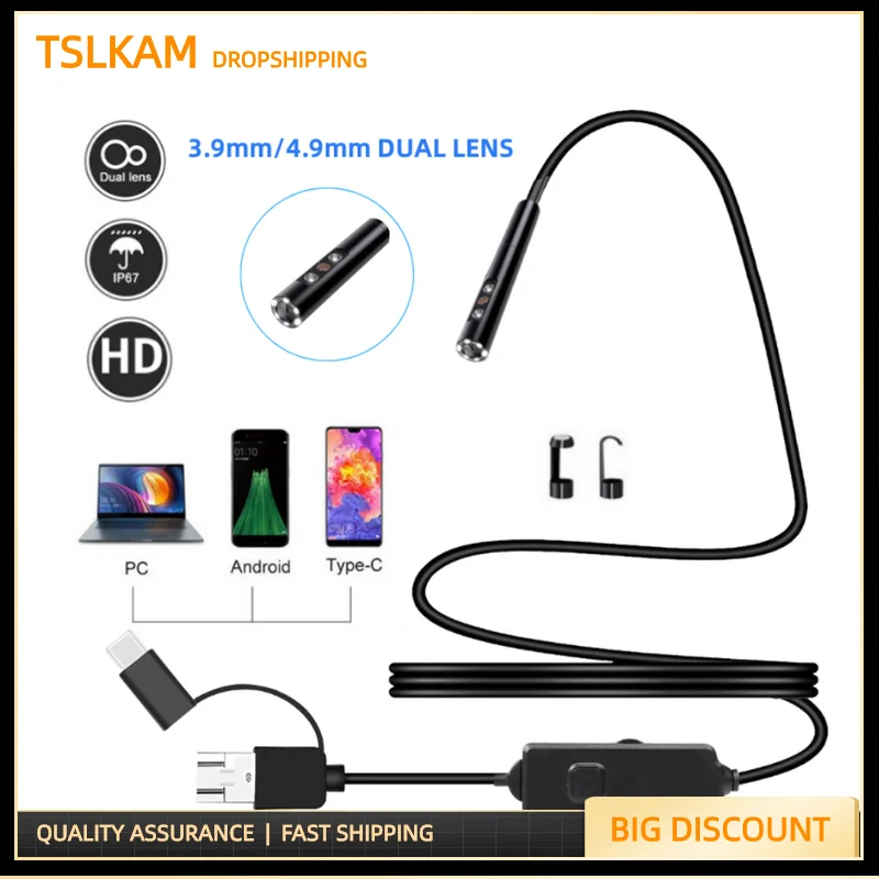 

3.9mm 4.9mm Dual Lens Camera Endoscope HD 720P 3 In 1 for Type-C/Android/PC Borescope Car Inspection