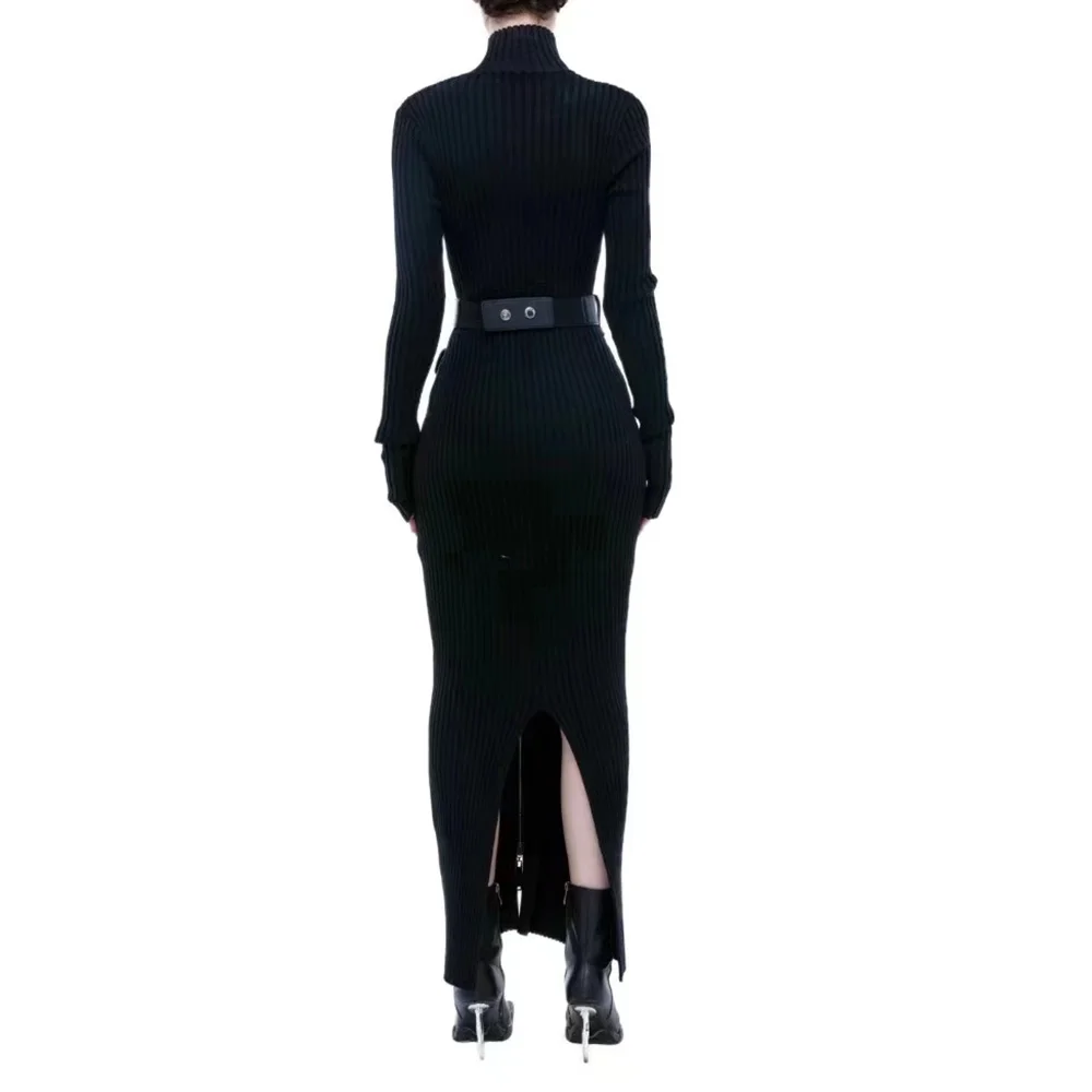 TWOTWINSTYLE Split Temperament Dresses For Women Stand Collar Long Sleeve Patchwork Belt Slimming Dress Female Fashion Clothing