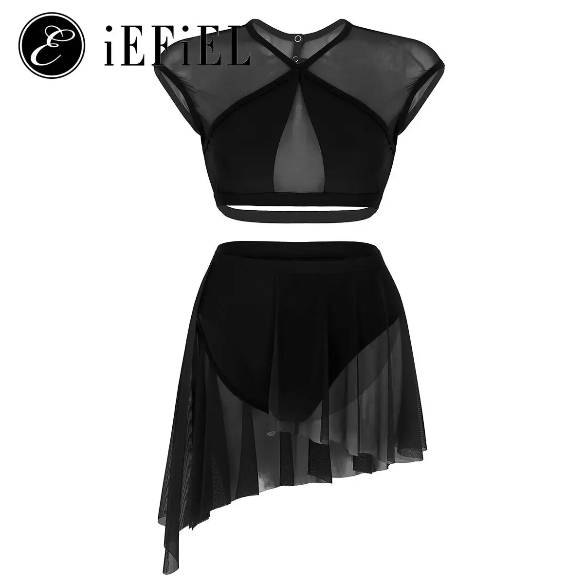 

Women's Lyrical Dance Costume Cut Out Crop Top with Asymmetrical Flowy Mesh Tulle Skirt Modern Contemporary Dancewear