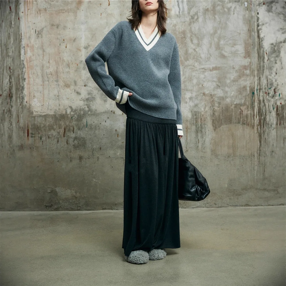 

8220 Miao Style Lazy Top Autumn Winter V-Neck Color-Block High-Quality Ribbed Thick Knit Embroidered Letter Sweater